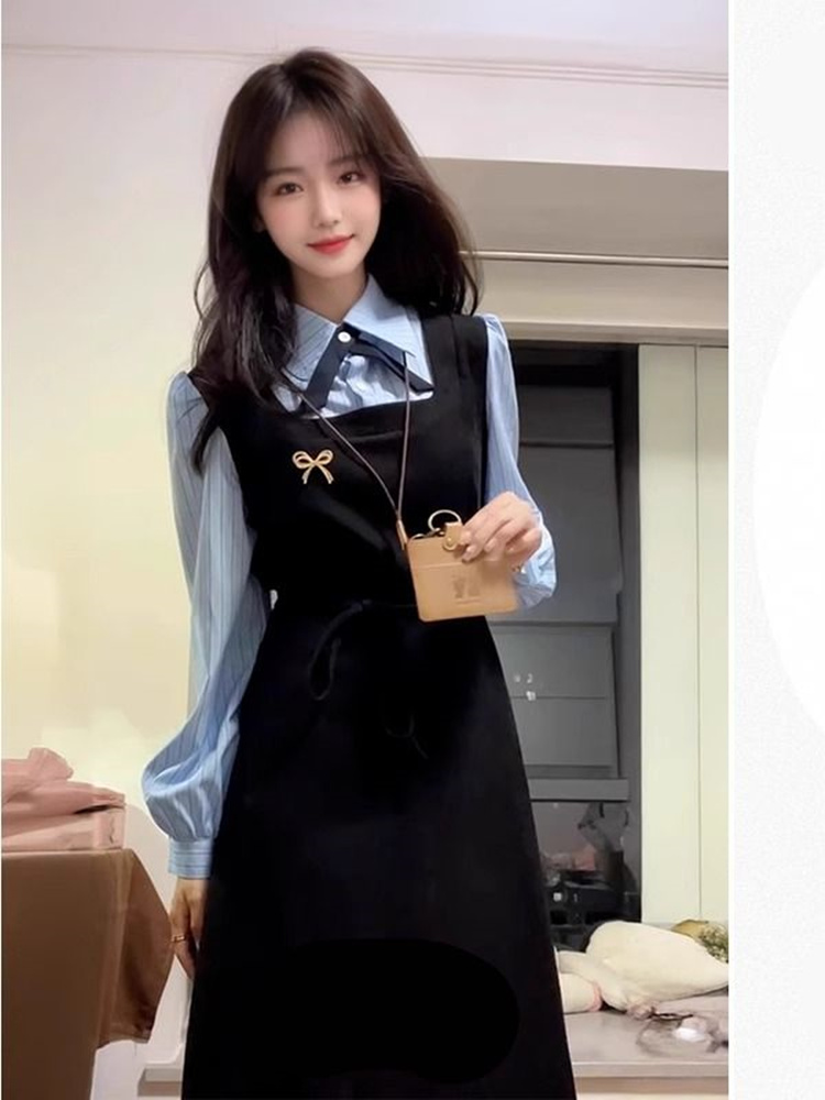 Korean Style A Line Shirt Dress - 세련된 블랙 컬러의 대학 스타일 셔츠형