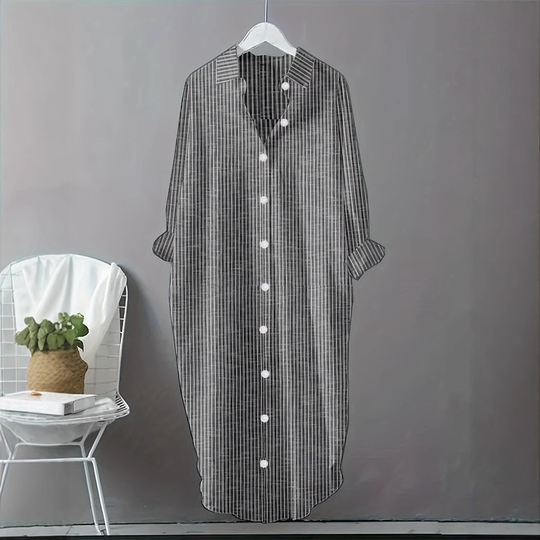 Casual Loose Linen Shirt Dress - 빈티지 코튼 린넨 스트라이프 셔츠 드레스