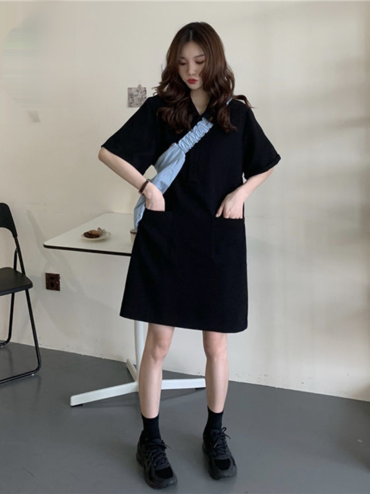 Korean Style A Line Shirt Dress - 플러스 사이즈 A라인 드레스 칼라 반팔