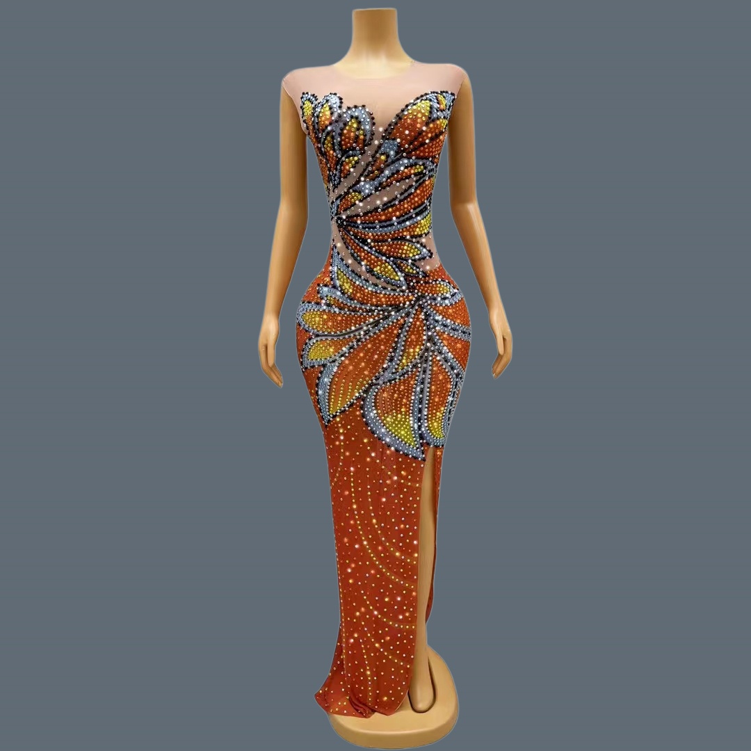 Sparkly Rhinestone Club Party Dress - 여성 민소매 메쉬 맥시 드레스 모나크