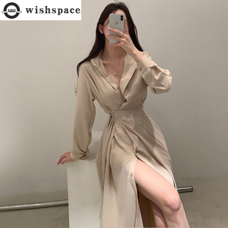 Korean Style A Line Shirt Dress - 긴 소매 옷깃 셔츠 스타일 드레스