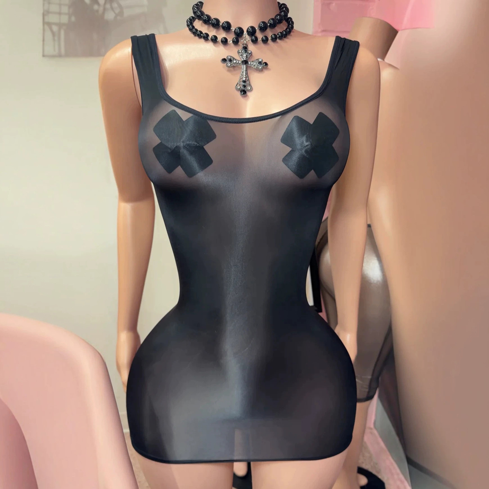 Sexy Mesh Sheer Bodycon Dress - 제니에이지 섹시한 광택이 도는 시스루 미니