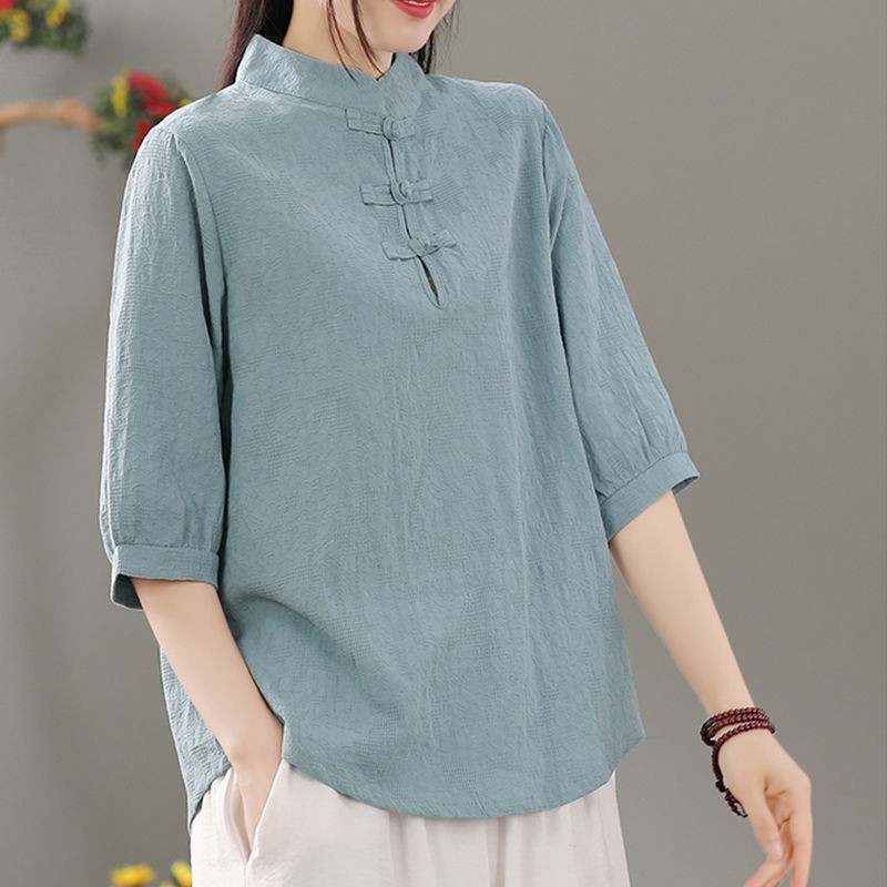 Blouses - 여성용, 반소매, 패치워크 디자인, 레트로 스타일,