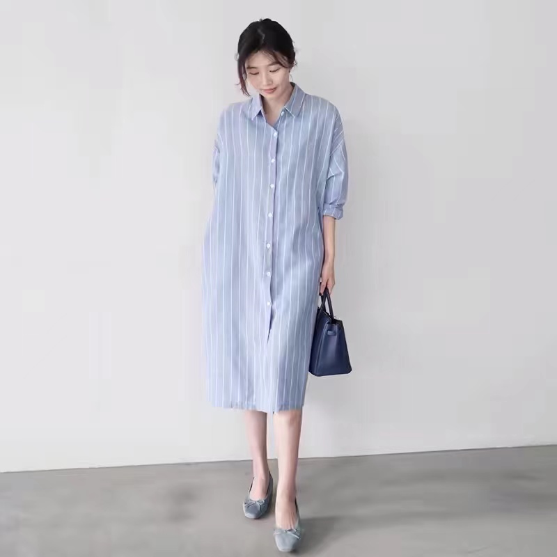 Korean Style A Line Shirt Dress - 블루 스트라이프 셔츠 드레스 여성용 루즈핏