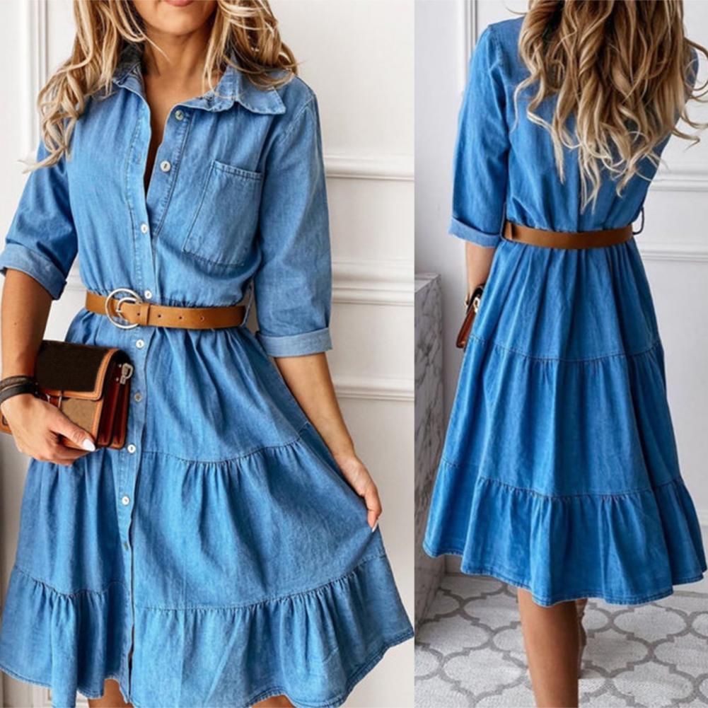 French Vintage Floral Midi Dress - 데님 드레스 3/4 소매 벨트 포함