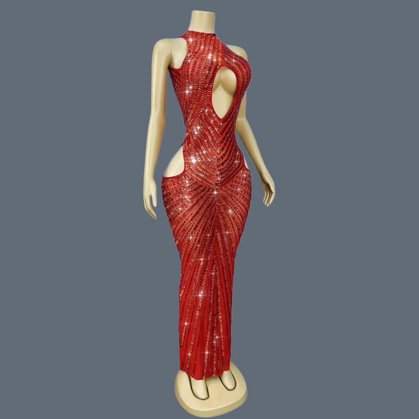 Sparkly Rhinestone Club Party Dress - 럭셔리 레드 라인스톤 속이 비치는 머메이드