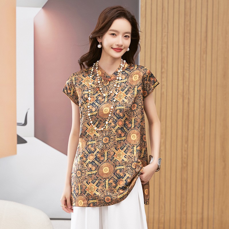 여성용 블라우스 반팔 라운드 넥 탑 만다린 칼라 튜닉  - Blouses 리뷰 및 가격