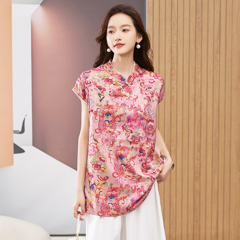 여성용 블라우스 반팔 라운드 넥 탑 만다린 칼라 튜닉  - Blouses 리뷰 및 가격