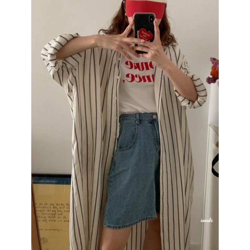 한국 미니멀리스트 루즈 칼라 스트라이프 레이지 스타일  - Korean Style A Line Shirt Dress 리뷰 및 가격