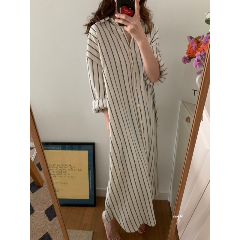 한국 미니멀리스트 루즈 칼라 스트라이프 레이지 스타일  - Korean Style A Line Shirt Dress 리뷰 및 가격
