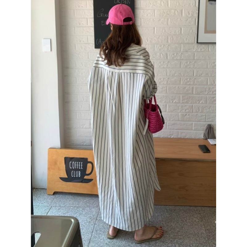 한국 미니멀리스트 루즈 칼라 스트라이프 레이지 스타일  - Korean Style A Line Shirt Dress 리뷰 및 가격