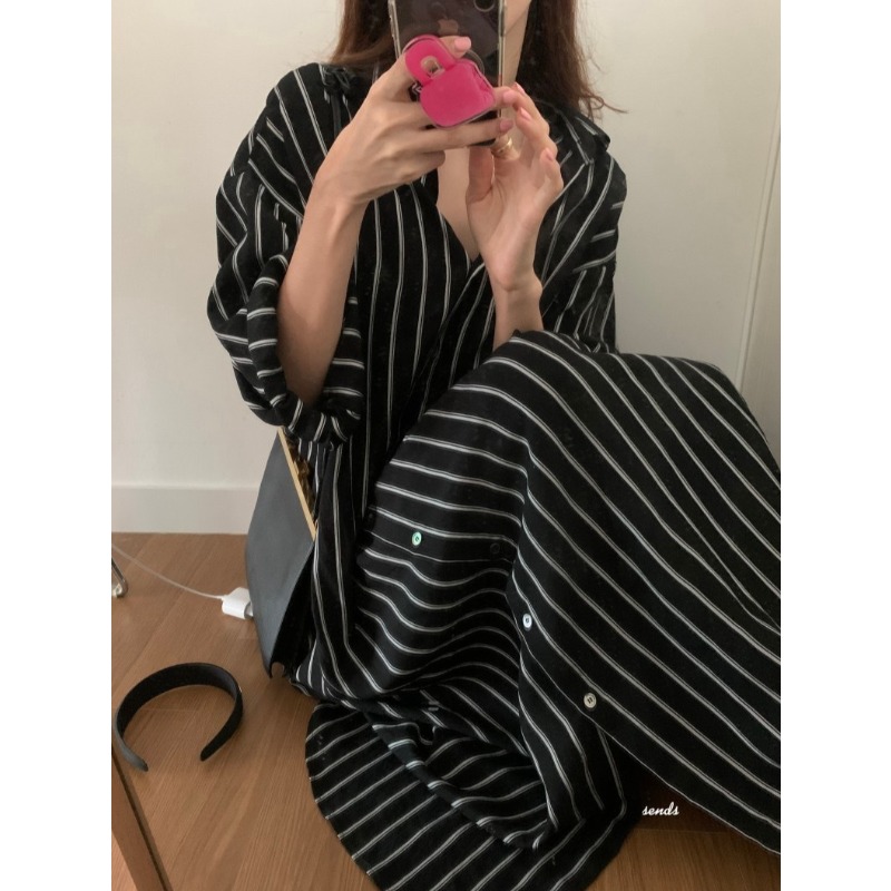 한국 미니멀리스트 루즈 칼라 스트라이프 레이지 스타일  - Korean Style A Line Shirt Dress 리뷰 및 가격