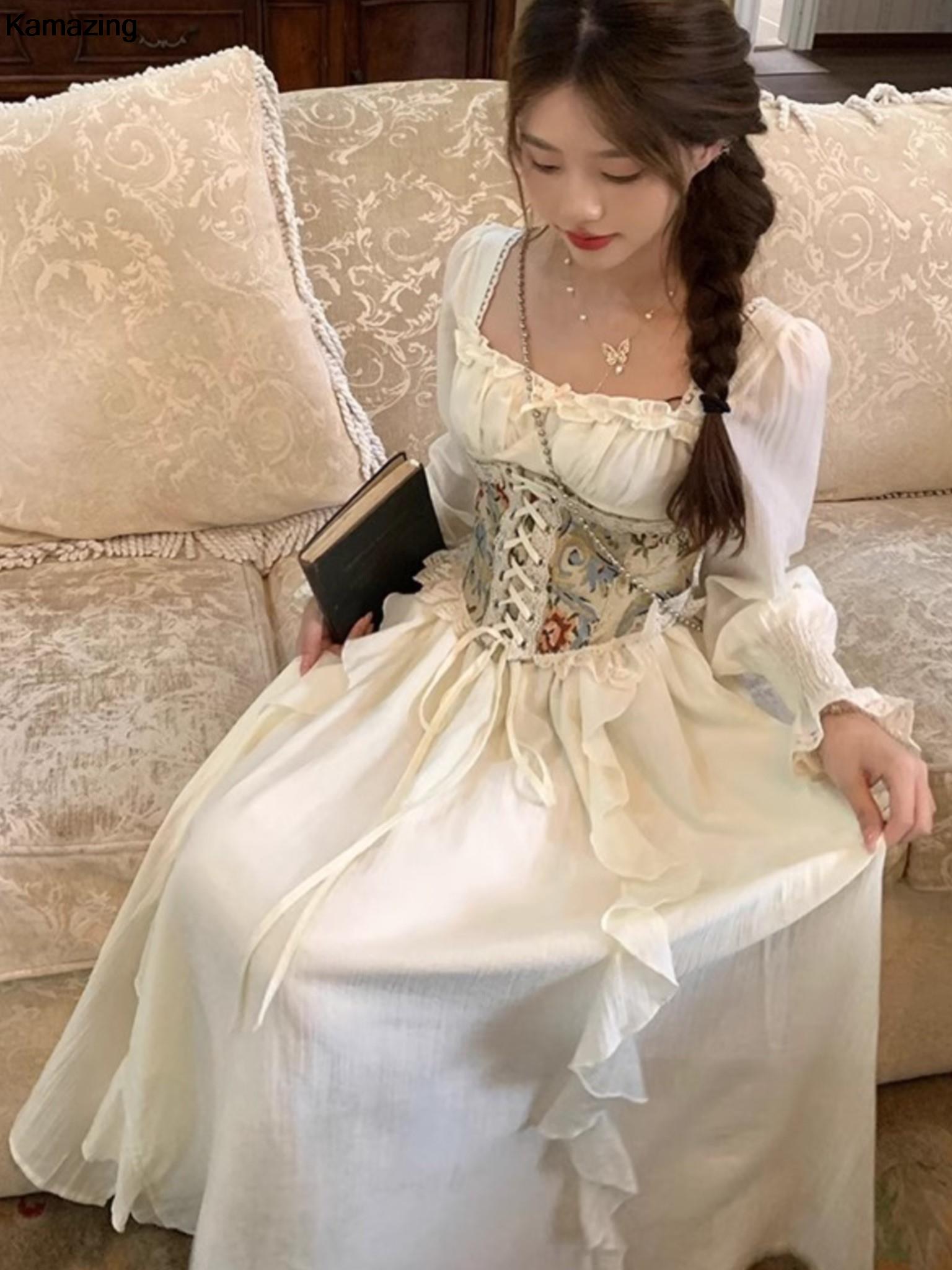 여성용 빈티지 프랑스 코르셋 미디 원피스, 우아한 스퀘 - French Vintage Floral Midi Dress 리뷰 및 가격