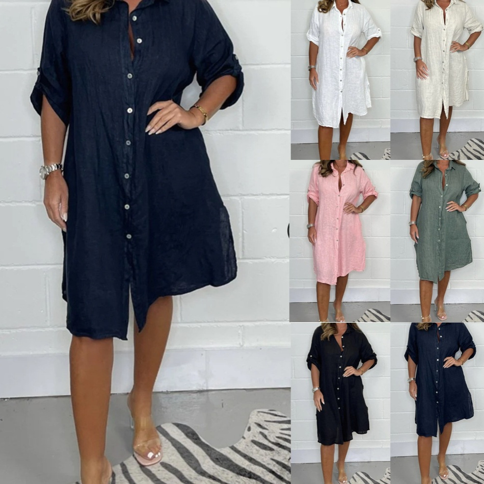 봄/여름용 린넨 소재의 3/4 소매가 달린 넉넉한 핏의 - Casual Loose Linen Shirt Dress 리뷰 및 가격