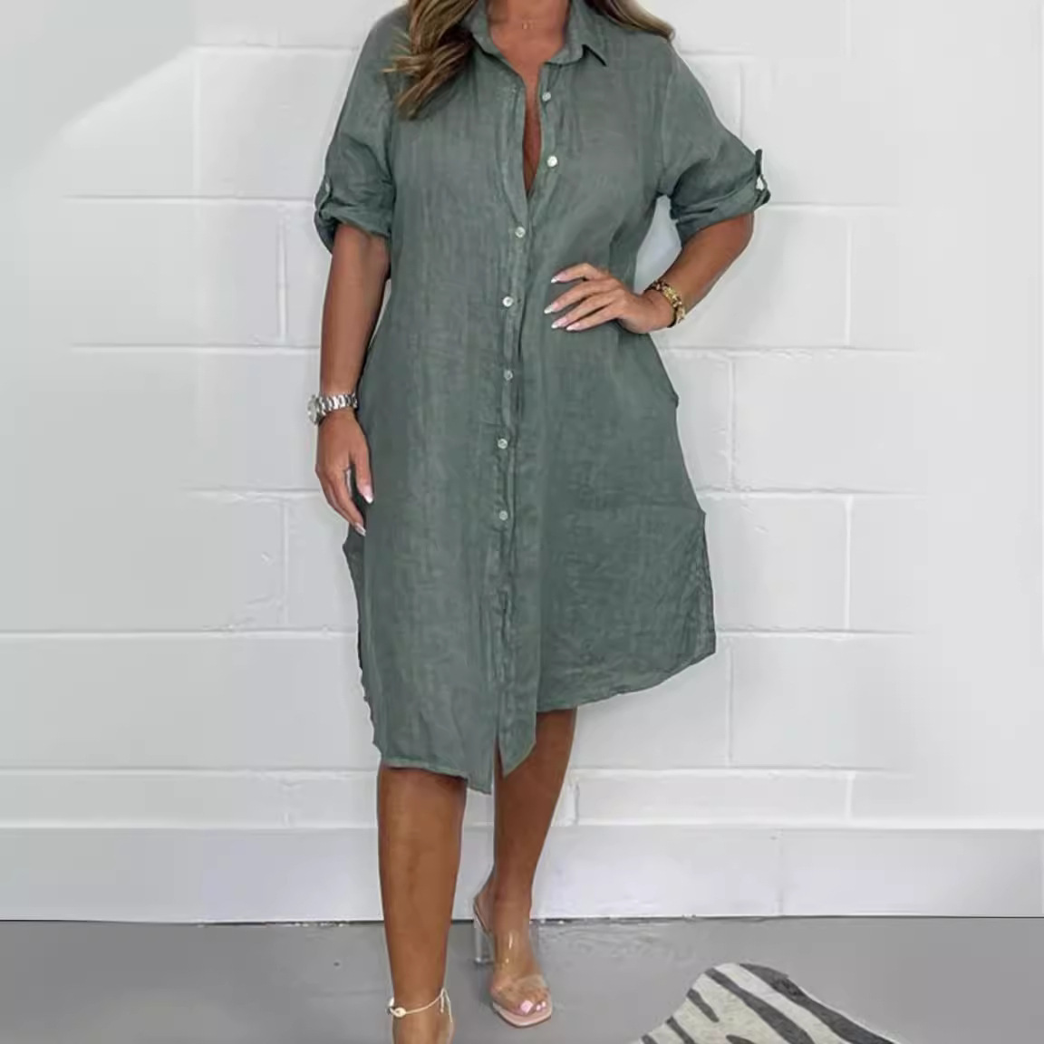 봄/여름용 린넨 소재의 3/4 소매가 달린 넉넉한 핏의 - Casual Loose Linen Shirt Dress 리뷰 및 가격