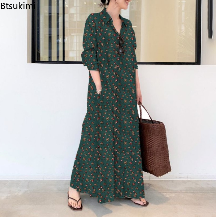 새로운 여성용 프린트 롱 스타일 셔츠 드레스, 편안한  - Casual Loose Linen Shirt Dress 리뷰 및 가격
