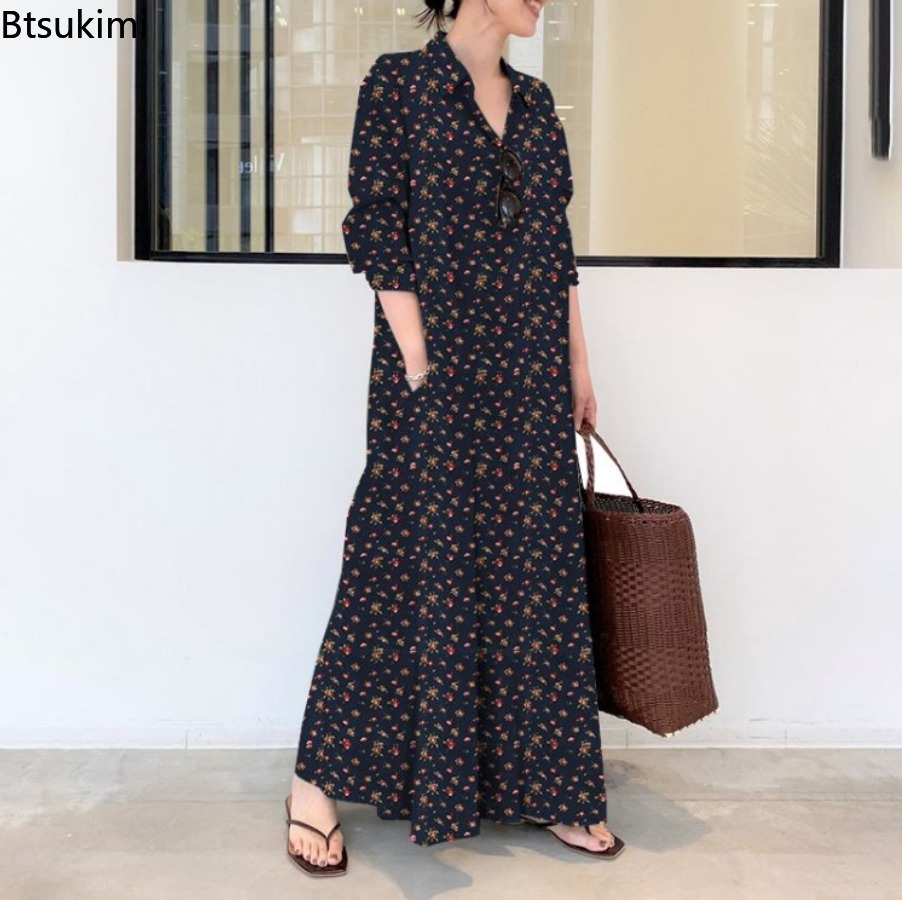 새로운 여성용 프린트 롱 스타일 셔츠 드레스, 편안한  - Casual Loose Linen Shirt Dress 리뷰 및 가격