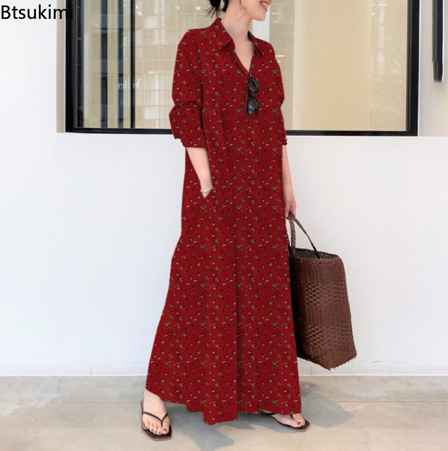 새로운 여성용 프린트 롱 스타일 셔츠 드레스, 편안한  - Casual Loose Linen Shirt Dress 리뷰 및 가격