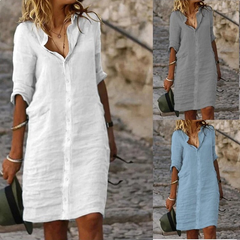 루즈핏 버튼다운 미디 셔츠 드레스 코튼 린넨 블라우스  - Casual Loose Linen Shirt Dress 리뷰 및 가격