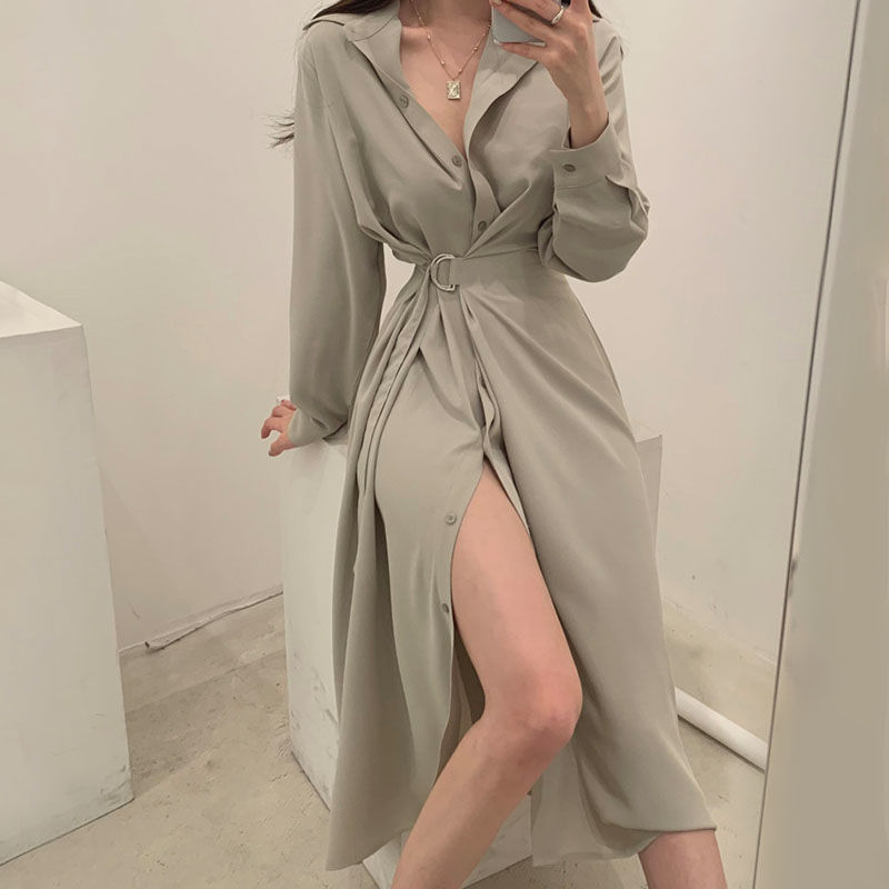 긴 소매 옷깃 셔츠 스타일 드레스 한국 스타일 우아한  - Korean Style A Line Shirt Dress 리뷰 및 가격