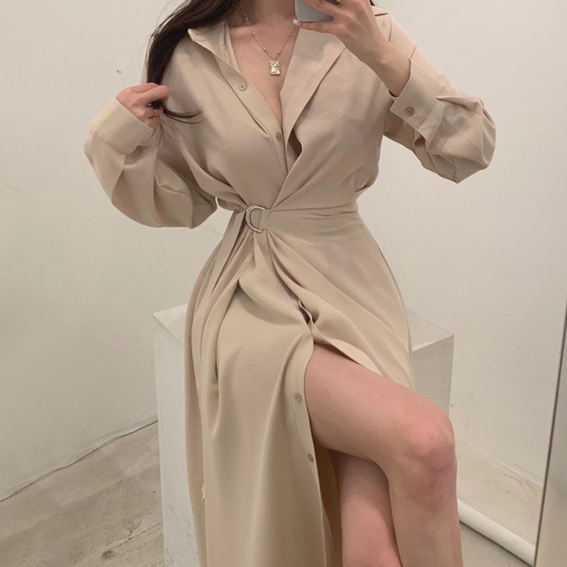 긴 소매 옷깃 셔츠 스타일 드레스 한국 스타일 우아한  - Korean Style A Line Shirt Dress 리뷰 및 가격