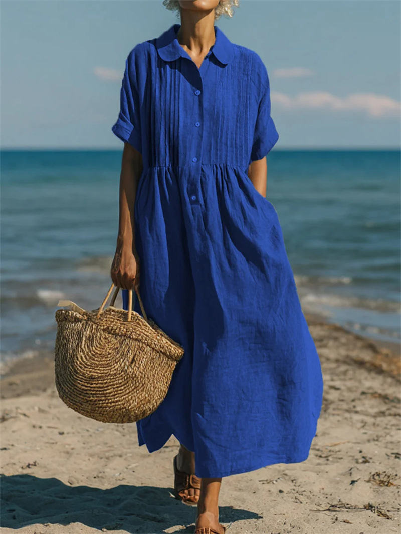 여성용 랩 스타일 칼라, 단추로 여미는 미디 또는 맥시 - Casual Loose Linen Shirt Dress 리뷰 및 가격
