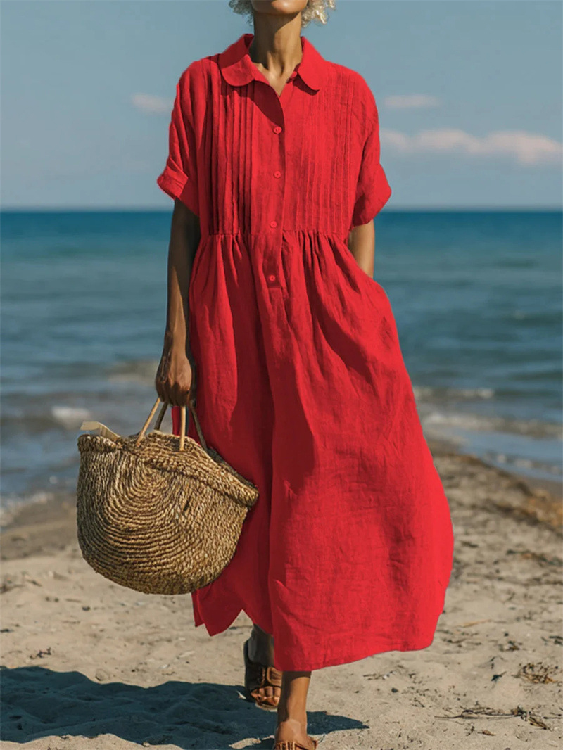 여성용 랩 스타일 칼라, 단추로 여미는 미디 또는 맥시 - Casual Loose Linen Shirt Dress 리뷰 및 가격