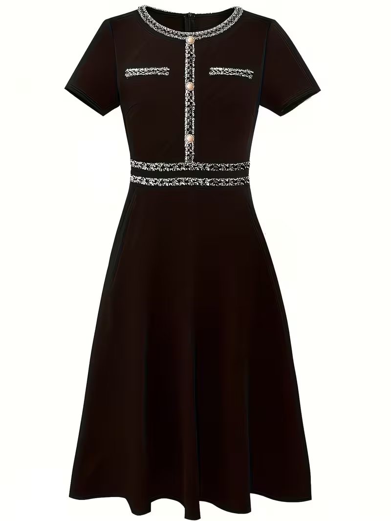 여성 우아한 여름 크루넥 배색 반팔 진주 단추 블랙 비 - French Vintage Floral Midi Dress 리뷰 및 가격