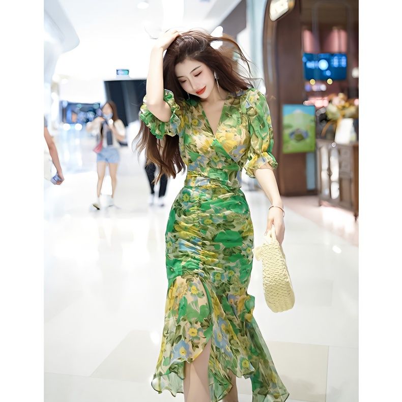 새로운 여름 패션 스타일 허리 포옹 드레스 2025 짙 - French Vintage Floral Midi Dress 리뷰 및 가격