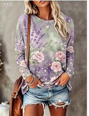 여성용 긴소매 티셔츠 그라데이션 배경 수채화 꽃과 새  - Blouses 리뷰 및 가격
