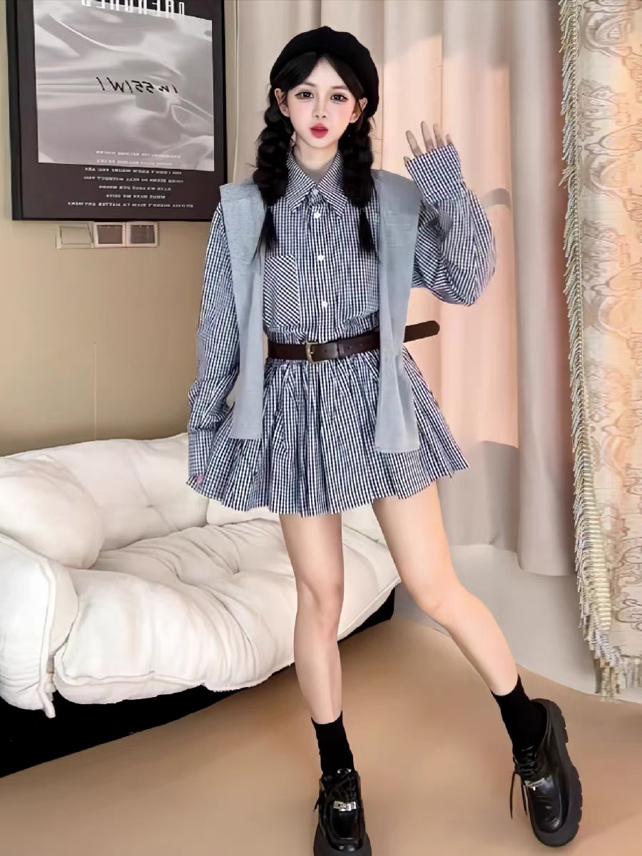 초가을 한국 스타일 셔츠 드레스 빈티지 체크무늬 스커트 - Korean Style A Line Shirt Dress 리뷰 및 가격