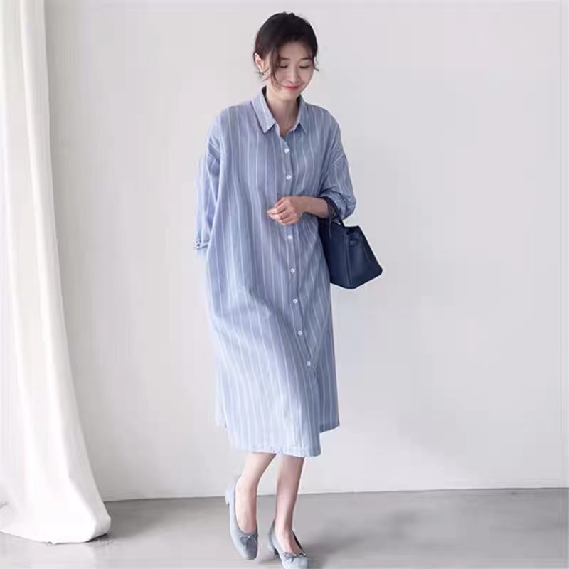 블루 스트라이프 셔츠 드레스 여성용 루즈핏 캐주얼 롱  - Korean Style A Line Shirt Dress 리뷰 및 가격