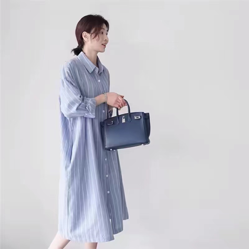 블루 스트라이프 셔츠 드레스 여성용 루즈핏 캐주얼 롱  - Korean Style A Line Shirt Dress 리뷰 및 가격