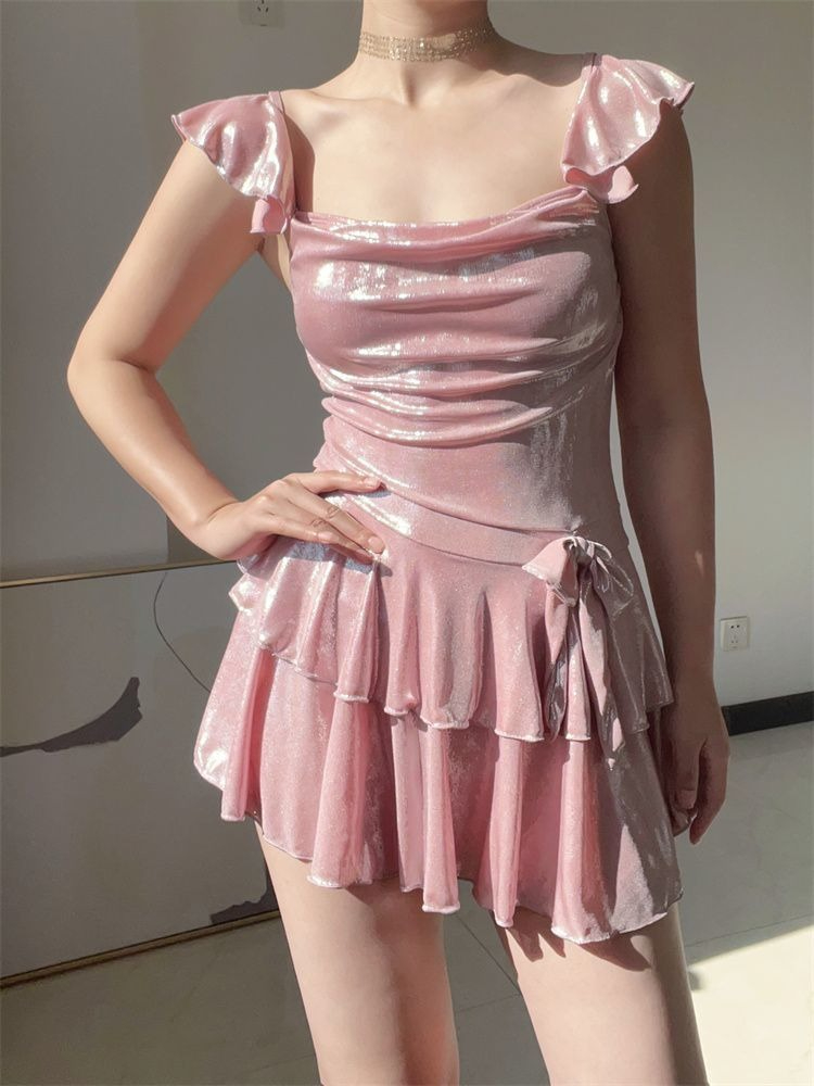 화려한 광택 핑크 수영복 여성용 러치드 탱키니 탑과 스 - Skirts 리뷰 및 가격